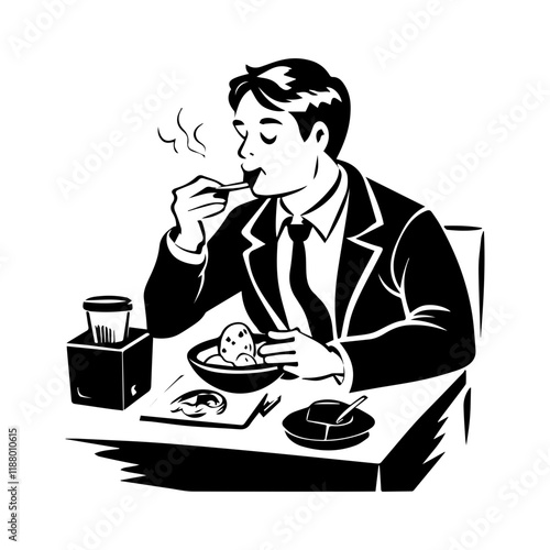 Person eating in lunch break, hand drawn illustration