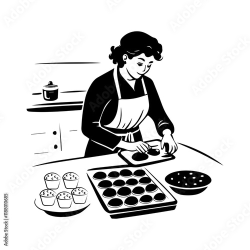 A hand drawn style illustration of woman baking cookies