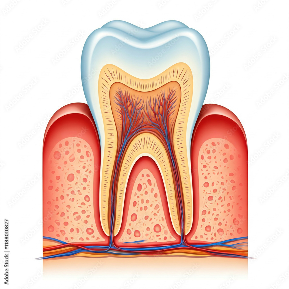 detailed anatomy illustration of human tooth with gums and blood vessels in pink and blue hues isolated on white background for medical or dental healthcare presentation or educ detailed anatomy illustration of human tooth with gums and blood vessels in pink and blue hues isolated on white background for medical or dental healthcare presentation or educ