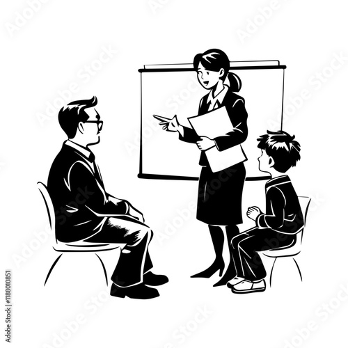 A hand drawn style illustration of teacher meeting with parent