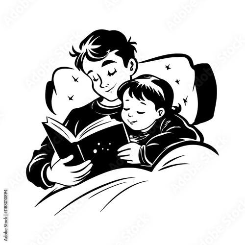 Dad telling bedtime story to kid, hand drawn illustration