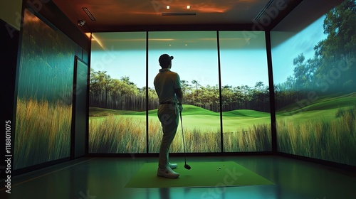 Golfer Silhouetted Against Immersive Golf Course Simulation