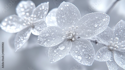 White flowers with raindrops on blurred background.