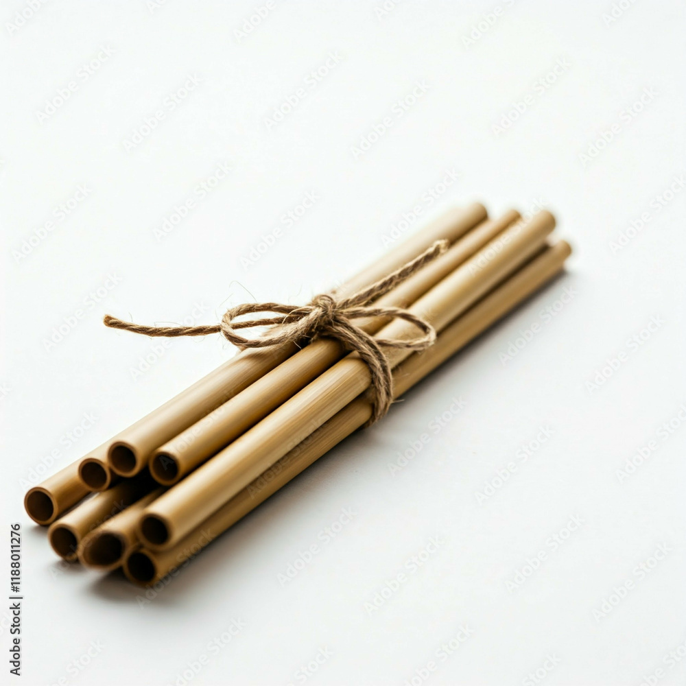 brown bamboo straws tied together with twine on a white background brown bamboo straws tied together with twine on a white background