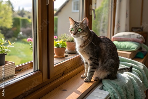 Cute tabby cat sitting on window sill sunny day green eyes