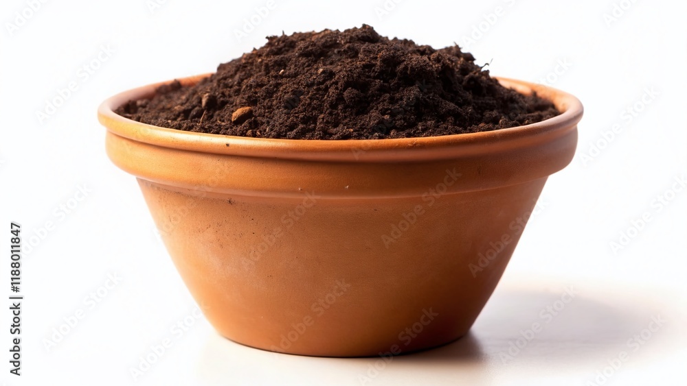 Terracotta Pot with Soil: High-Resolution Stock Photo of a Clay Pot Filled with Earth on White Background, Ideal for Gardening, Botany, and Home Decor Projects. Terracotta Pot with Soil: High-Resolution Stock Photo of a Clay Pot Filled with Earth on White Background, Ideal for Gardening, Botany, and Home Decor Projects.