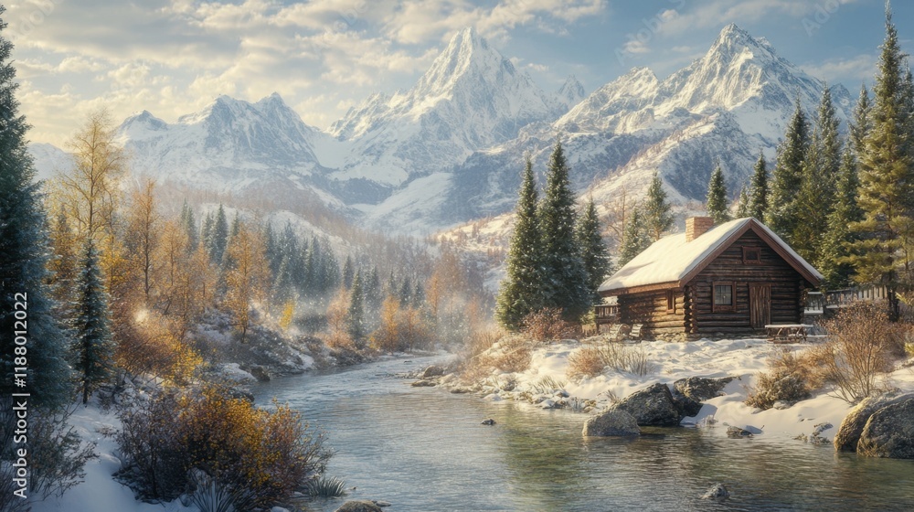 Fototapeta premium A charming, rustic cabin by a quiet river, surrounded by snow-capped mountains and evergreen trees, creating a serene winter scene.