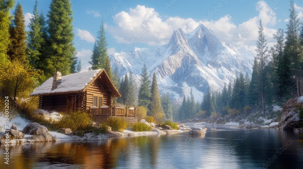Fototapeta premium A charming, rustic cabin by a quiet river, surrounded by snow-capped mountains and evergreen trees, creating a serene winter scene.
