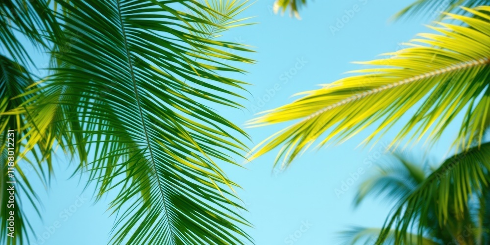 Palm fronds against a bright blue sky, showcasing the vibrant green and yellow hues of tropical foliage. Palm fronds against a bright blue sky, showcasing the vibrant green and yellow hues of tropical foliage.