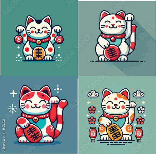 Cute cartoon Maneki Neko, Japanese lucky cats. white  Feng Shui kitty vector illustration set