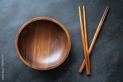 Empty wooden bowl chopsticks slate background food prep photo