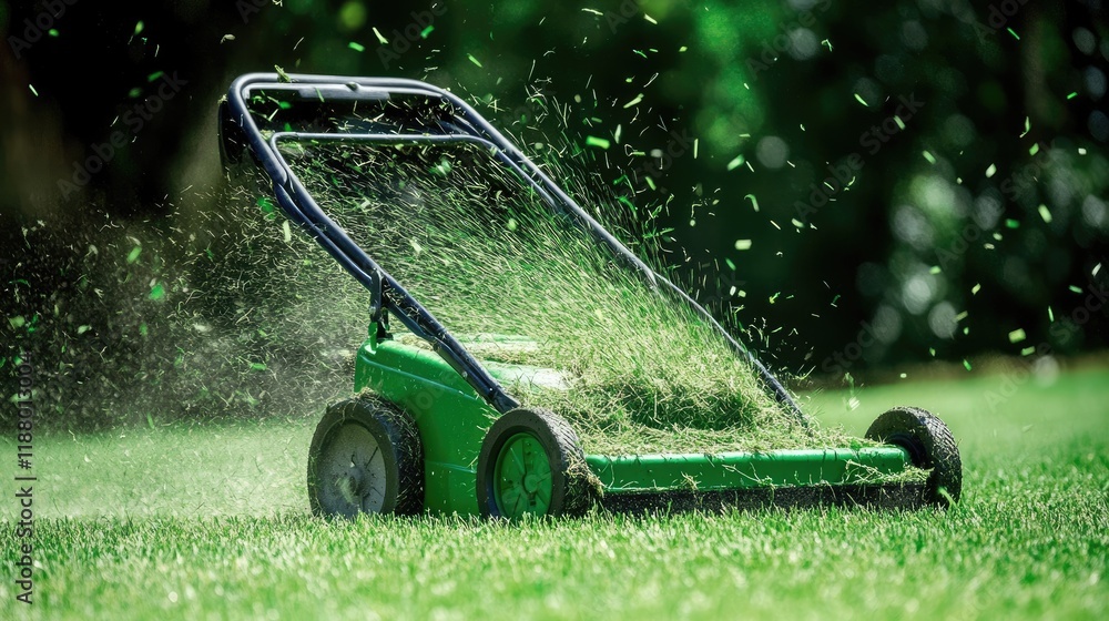Fototapeta premium A lawn mower in action, with grass clippings flying in the air.