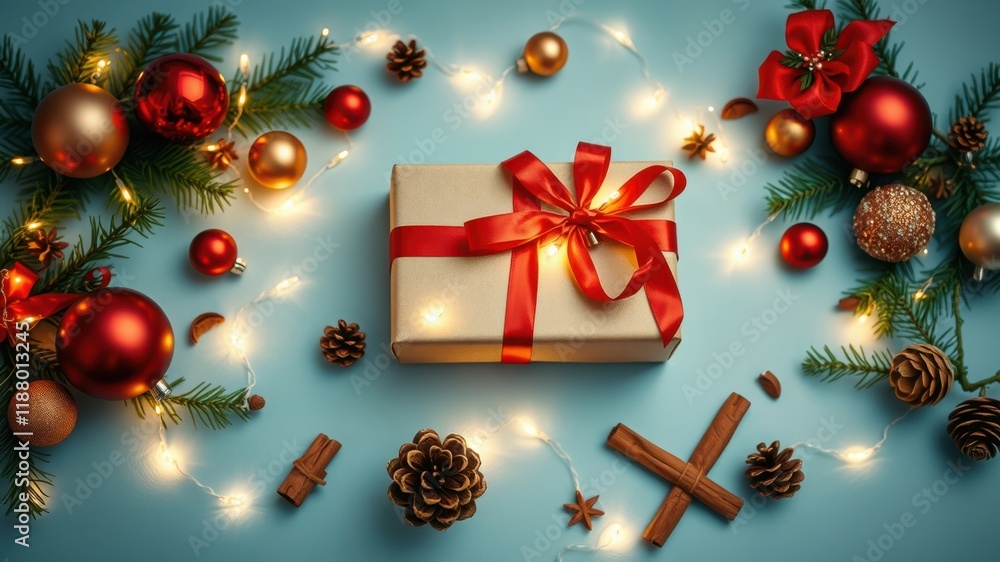 A Festive Gift Box Adorned with Red Ribbon and Surrounded by Twinkling Lights, Pine Sprigs, and Rustic Decor A Festive Gift Box Adorned with Red Ribbon and Surrounded by Twinkling Lights, Pine Sprigs, and Rustic Decor