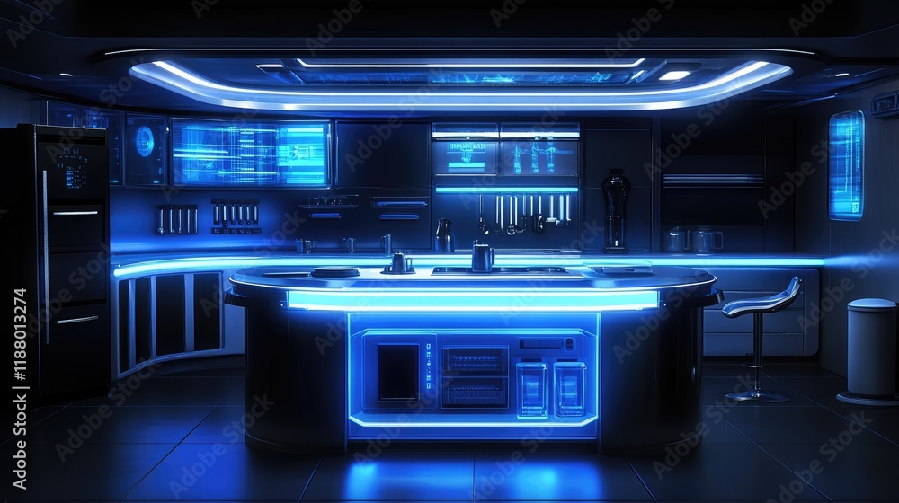 Obraz premium A futuristic kitchen with high-tech appliances and a sleek island counter.