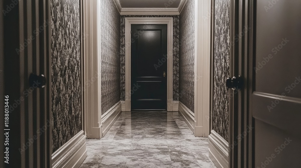Fototapeta premium A hallway featuring wallpaper with a black-and-white damask pattern.