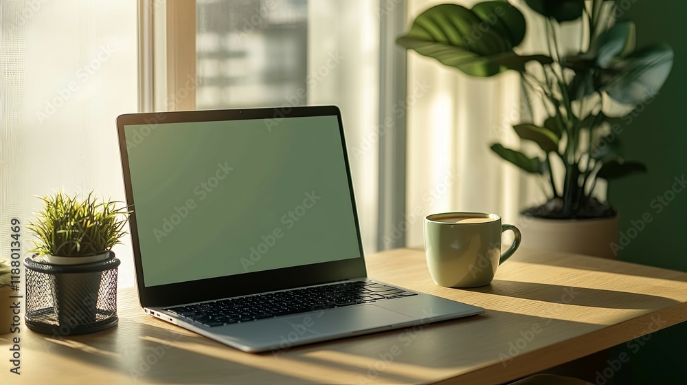 Laptop Workspace: Serene Morning Sunlight and Minimalist Design Laptop Workspace: Serene Morning Sunlight and Minimalist Design