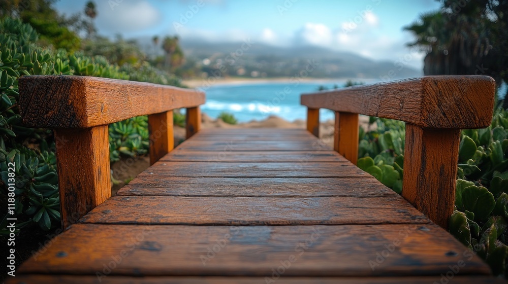 Fototapeta premium Wooden footbridge leading to California beach with ocean view.