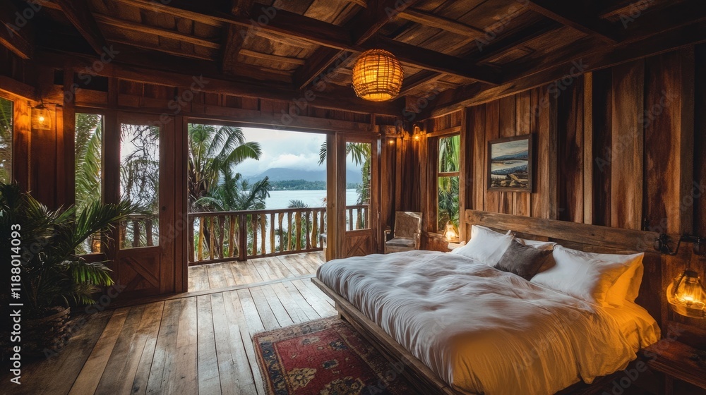 A luxury bedroom with plush bedding and a wraparound balcony overlooking the sea. A luxury bedroom with plush bedding and a wraparound balcony overlooking the sea.