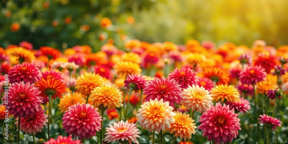 A field of colorful dahlias blooms in the warm glow of the afternoon sun, their petals reaching towards the sky, a vibrant tapestry of nature's artistry A field of colorful dahlias blooms in the warm glow of the afternoon sun, their petals reaching towards the sky, a vibrant tapestry of nature's artistry