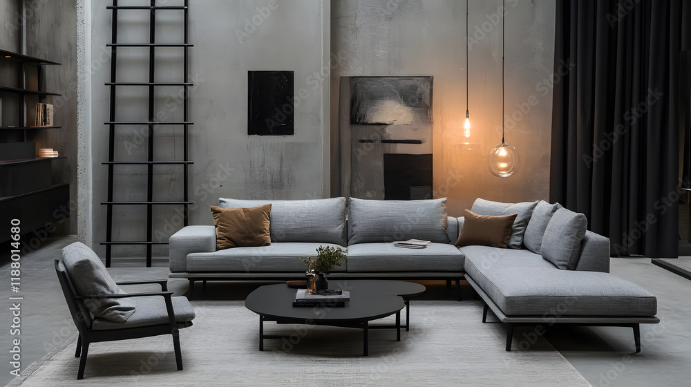 Elegant Lounge with Modern Gray Sofa and Warm Lighting, 3d rendering Elegant Lounge with Modern Gray Sofa and Warm Lighting, 3d rendering