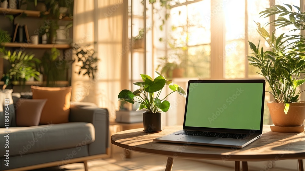 Fototapeta premium Laptop and Plants in a Sunlit Living Room: Serene Home Office