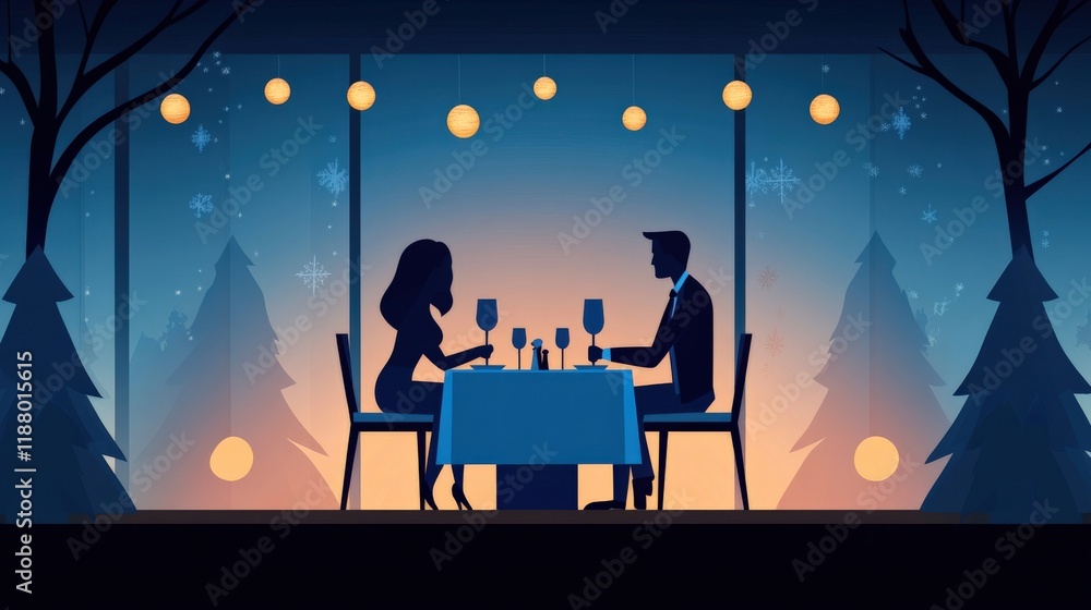 Romantic Dinner Setting for Two in Cozy Winter Atmosphere with Snowflakes, Soft Lighting, and Elegant Table Arrangement in Silhouette Style Romantic Dinner Setting for Two in Cozy Winter Atmosphere with Snowflakes, Soft Lighting, and Elegant Table Arrangement in Silhouette Style