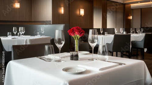 Elegant dining setup in a sophisticated restaurant with white tablecloth, fine glassware, and a beautiful rose centerpiece creating an upscale ambiance for a memorable experience photo