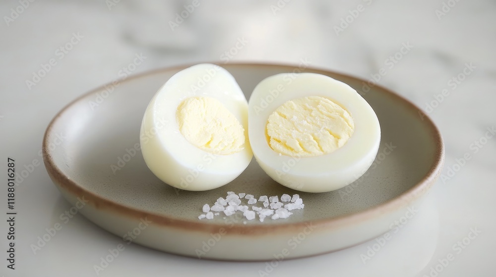 A perfectly boiled egg sliced in half on a small plate with a pinch of salt. A perfectly boiled egg sliced in half on a small plate with a pinch of salt.