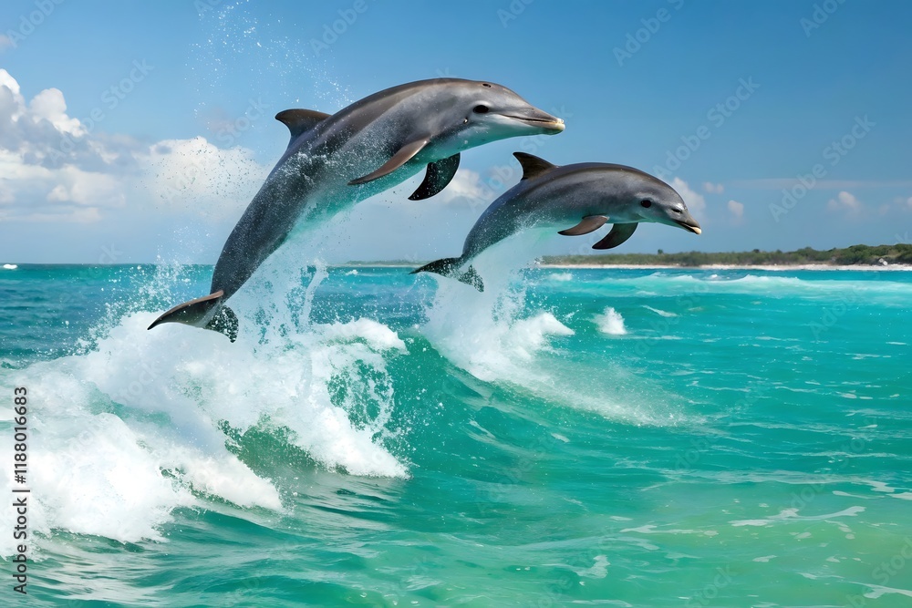 Naklejka premium Delfiny skaczące fale oceanu morskie zwierzęta wodne ssaki turkusowa woda letnia zabawa natura
