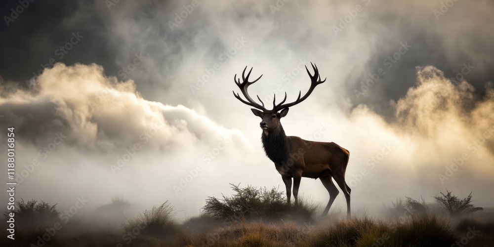 Naklejka premium A majestic red deer stag silhouette stands proudly against a backdrop of eerie mist, its antlers reaching towards the grey sky as if in defiance , landscape, stag