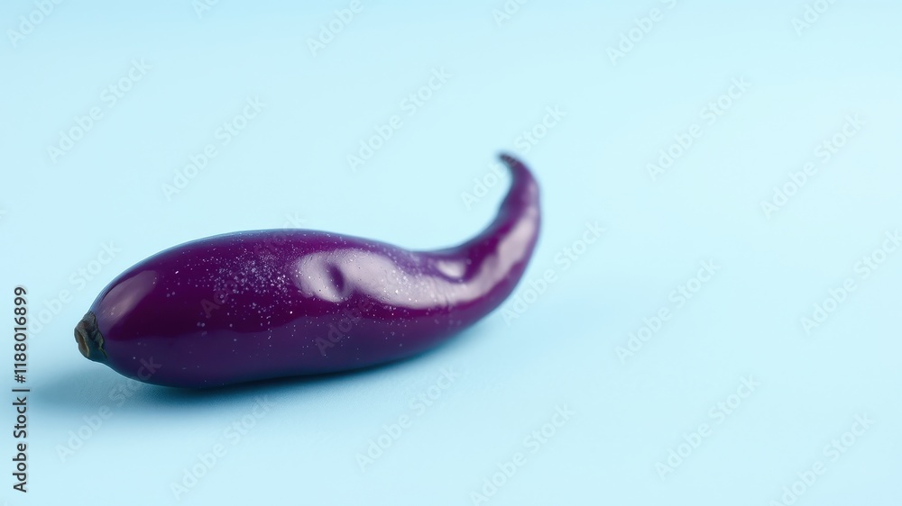A single purple chili pepper rests on a light blue background, its vibrant hue contrasting with the subtle backdrop. A single purple chili pepper rests on a light blue background, its vibrant hue contrasting with the subtle backdrop.
