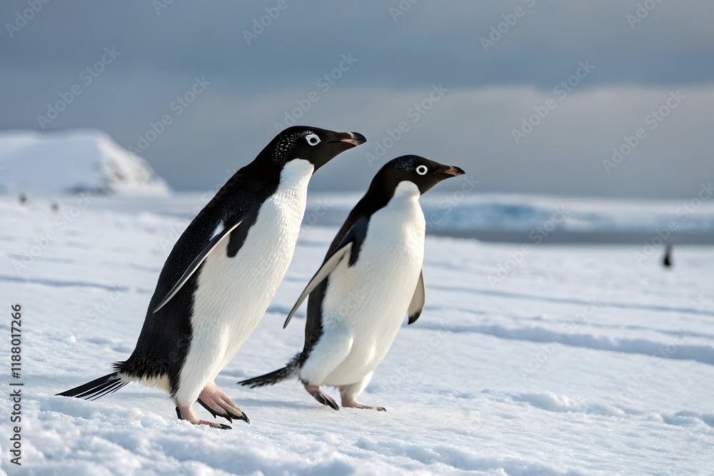 Naklejka premium Ad lie Penguins on Antarctic Snow Wildlife Photography