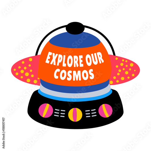 A flat sticker of a space globe with explore cosmos typography