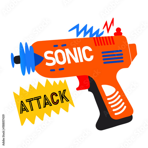 A flat sticker of a ray gun with sonic attack typography