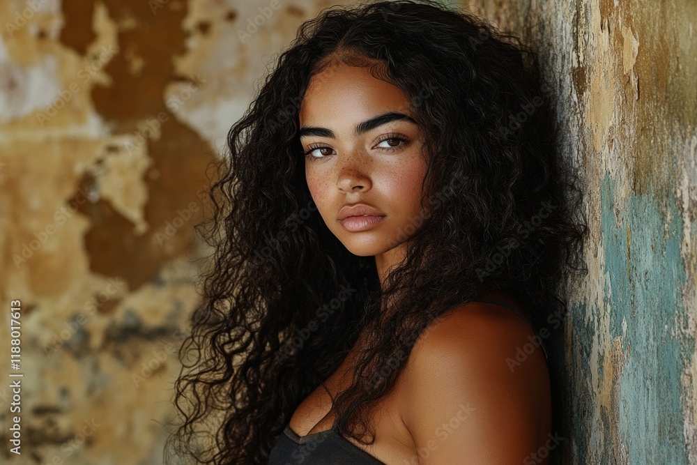 Fototapeta premium Long coiffure - curly hair. Gorgeous calm mixed-race girl - for ads, poster and social networks use. Commercial ad creative. Black woman hairstyles inspiration. Colored hair artistry.