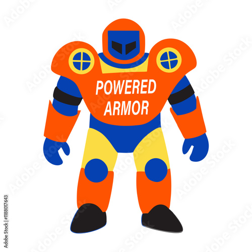 A flat sticker of a robot with powered armour typography