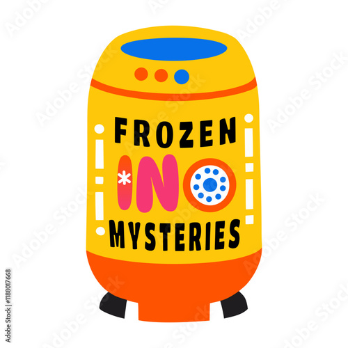 A flat sticker of space capsule with frozen mysteries typography