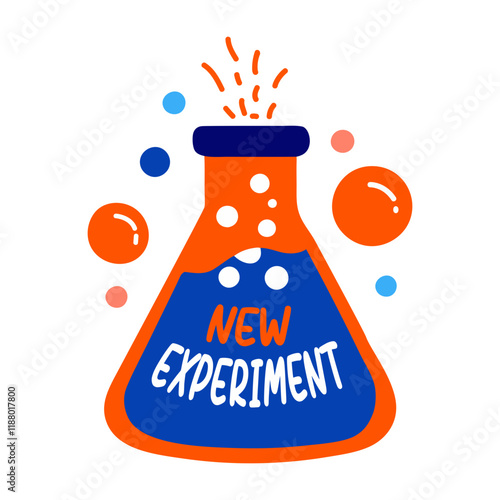 A flat sticker of a flask with new experiment typography