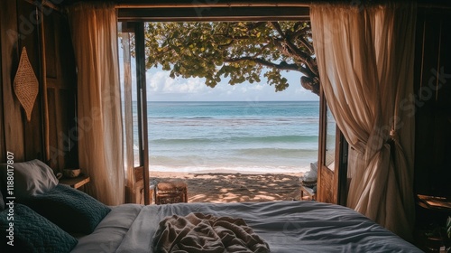 A rustic beachside bedroom with an open window revealing a peaceful sea.