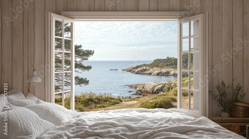 A rustic beachside bedroom with an open window revealing a peaceful sea.
