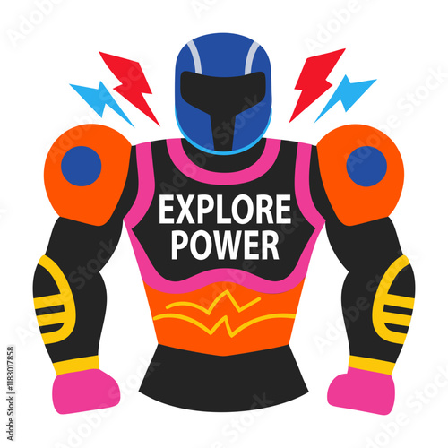 A flat sticker of an armour character with explore power typography