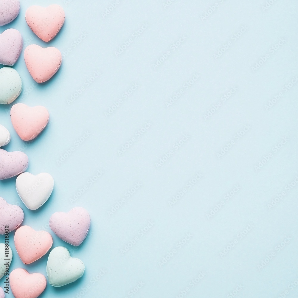 Fototapeta premium A symmetrical arrangement of candy hearts forming a large heart shape on a pastel blue background with copy space