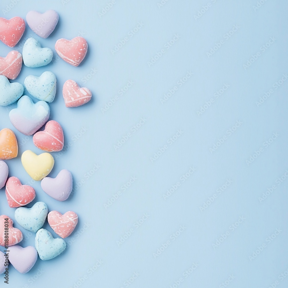 Obraz premium A symmetrical arrangement of candy hearts forming a large heart shape on a pastel blue background with copy space