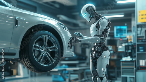 Humanoid robot conducting mechanical adjustments on a car in a modern auto shop, showcasing AI-driven precision in automotive maintenance. Image made using Generative AI photo