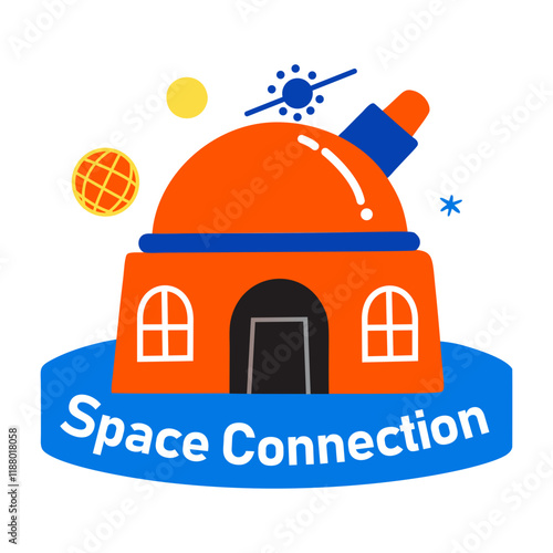 A flat sticker of an observatory with space connection typography
