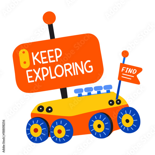 A flat sticker of space rover with keep exploring typography