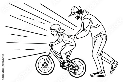 A father teaching his son how to ride a bicycle