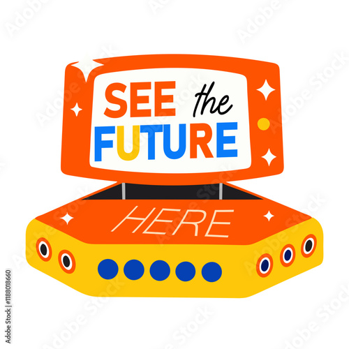 A flat sticker of teleport with see future her typography