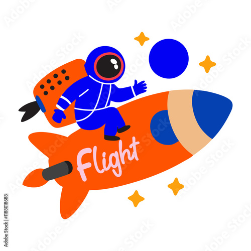 A flat sticker of an astronaut flying on a rocket with flight typography