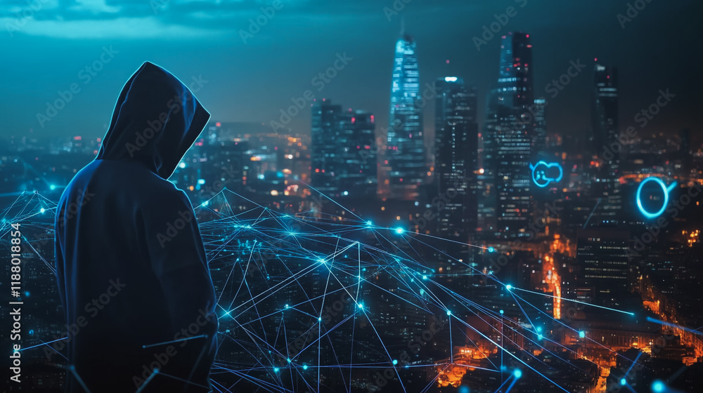 Fototapeta premium Hacker are planning to hack and attack networks and cyber security systems. Smart digital city with connection cyber security network reciprocity over the cityscape .